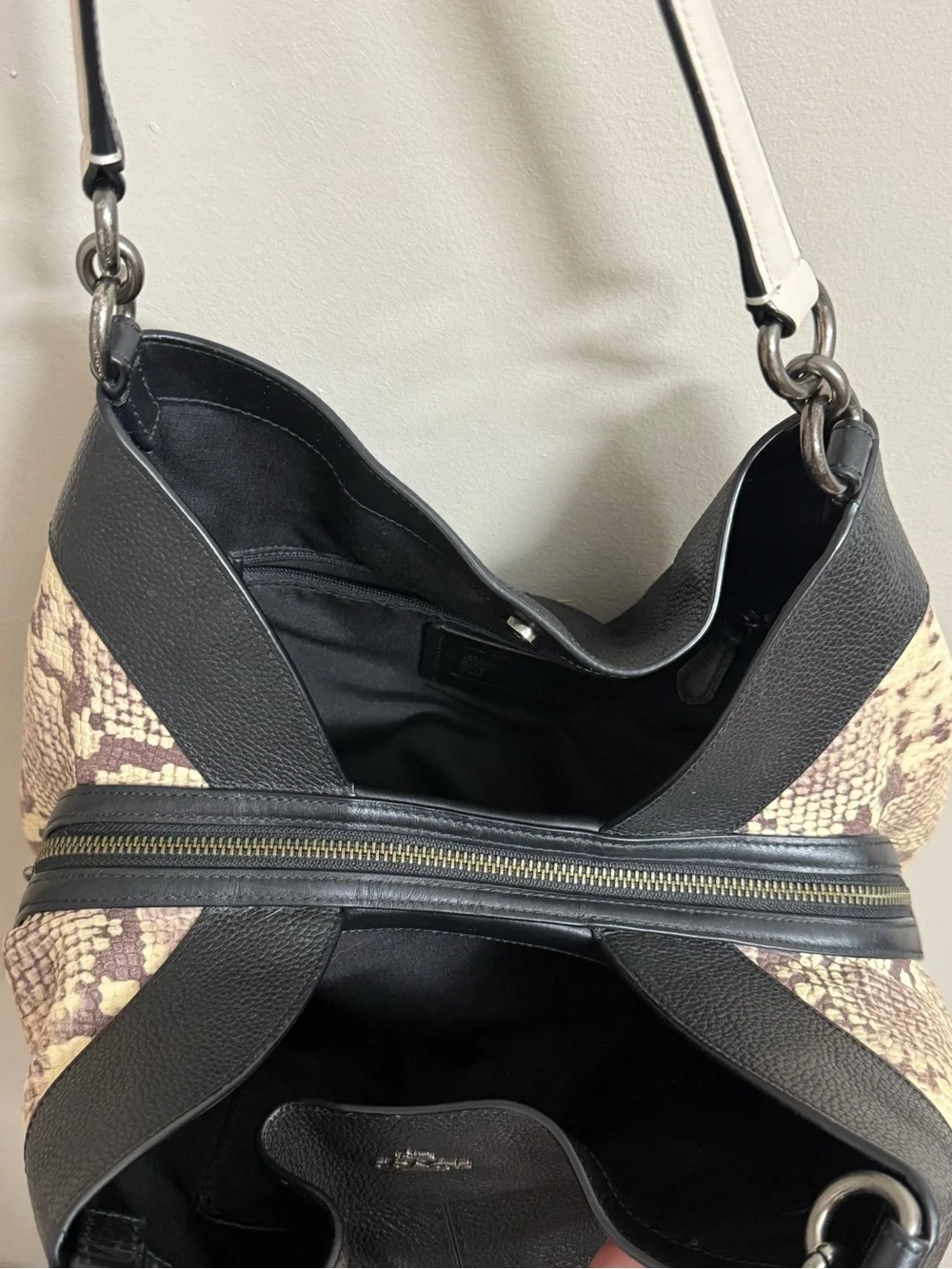 Coach Black Pebbled Leather Hobo with Cream Snake-Print Sides